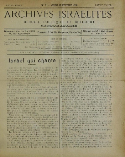 Archives israélites de France. Vol.81 N°07 (12 févr. 1920)